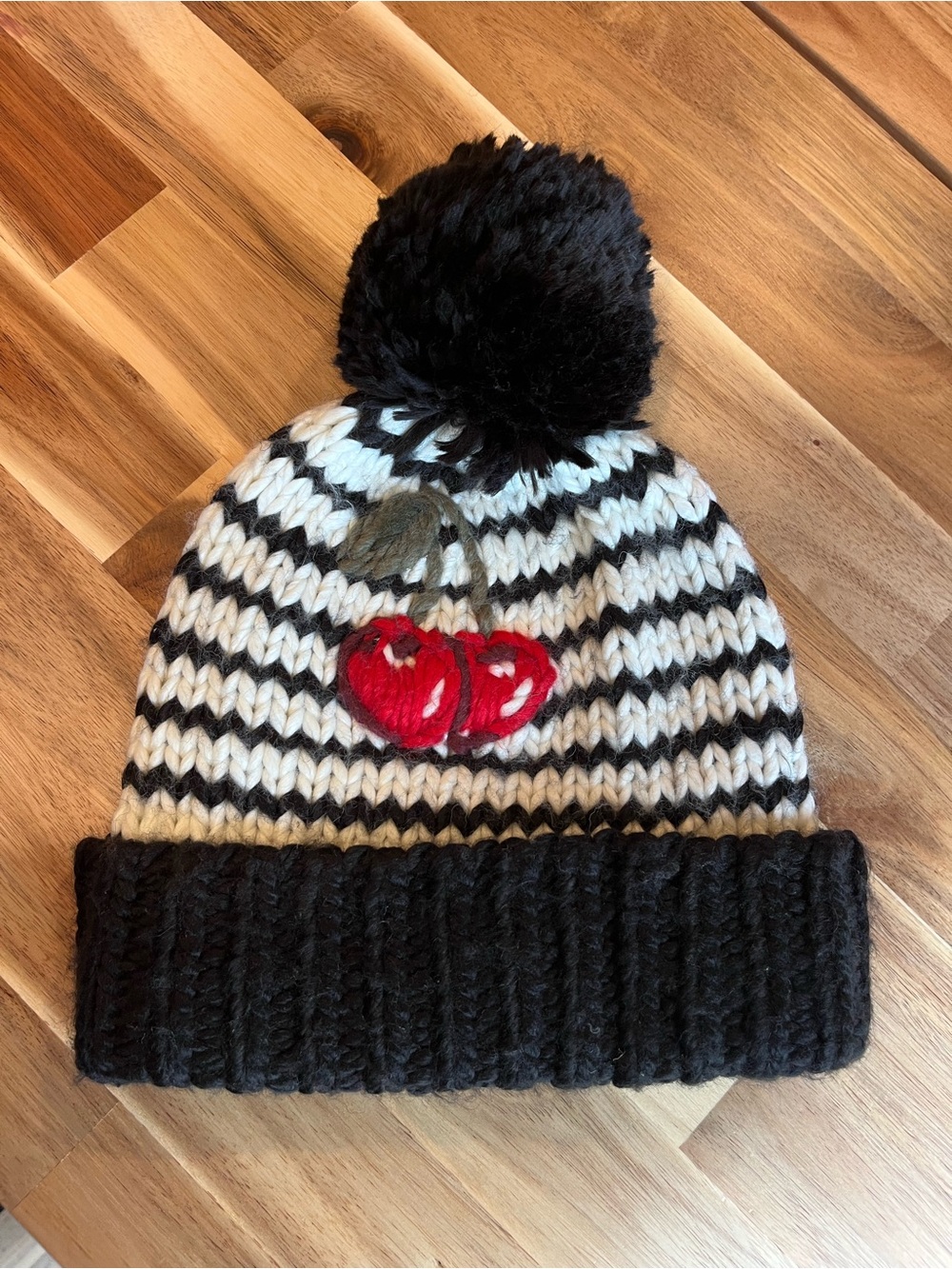 Kate Spade Hats Off Cherry Pom Pom Beanie Black White Wool Blend 2017